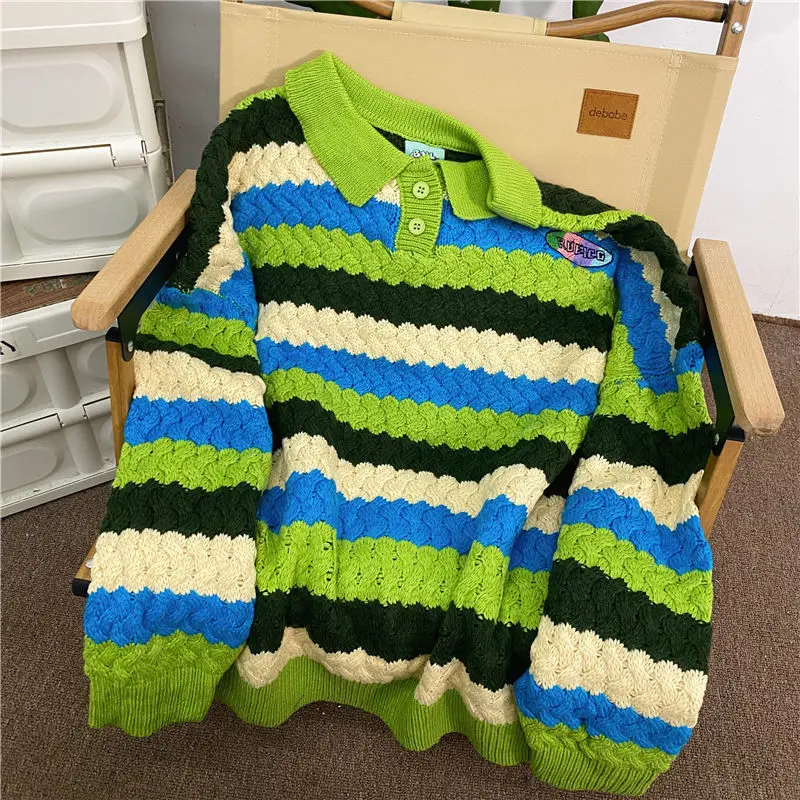 

Colorblock twist POLO collar knitted sweater for women in autumn loose design color label top Japanese style gentle style jacket