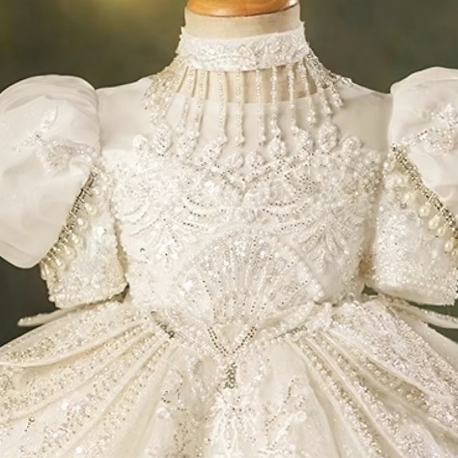 

Customized Flower Girl Dress for Wedding Pearls Glitter Short Sleeve High Waist Elegant Kids Birthday First Communion Gown