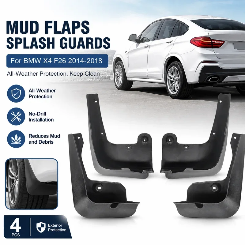 Mud Flaps for BMW X4 F26 2014-2018 All-Weather Mud Guard Flap Set Dirty Splash Guard Fender Flares Front Rear Accessories