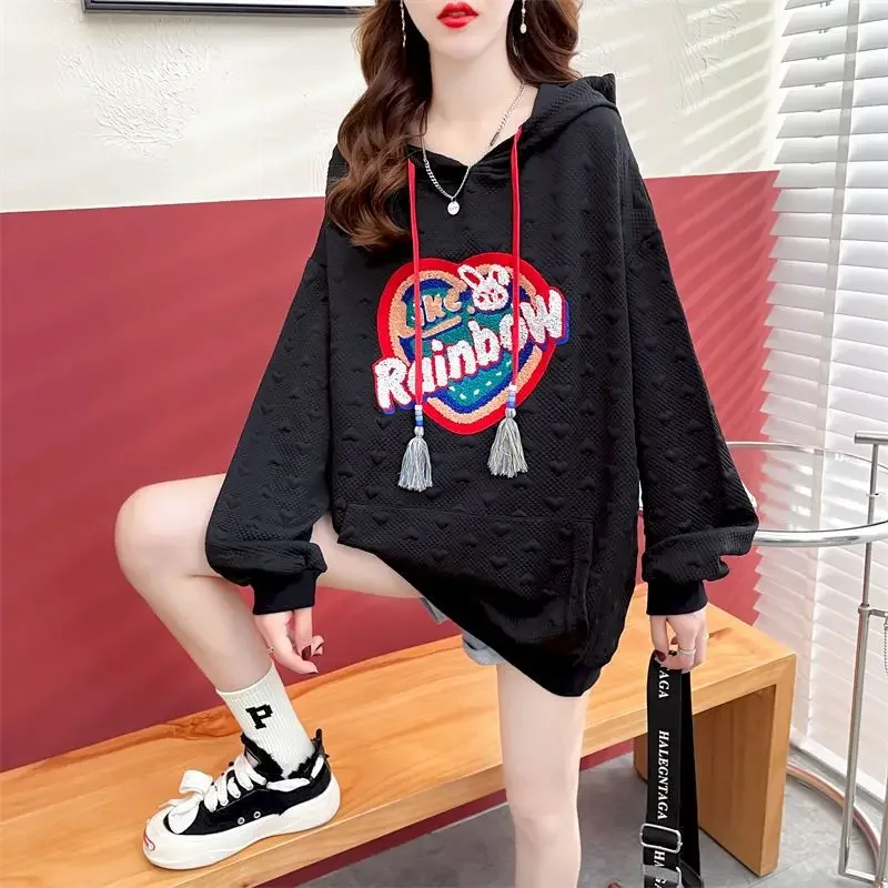 Womens Hoodies Spring Autumn Trend Thin Sweatshirt Fashion Jacquard Hooded Jacket Oversized Loose Drape Feeling Hoodie Top Woman