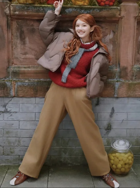 

Warm Brown Wave ape down Jaet Loose Straight Leg Pants Long Trousers Winter New Sle Zhao Lusi Chinese Traditional Clothing