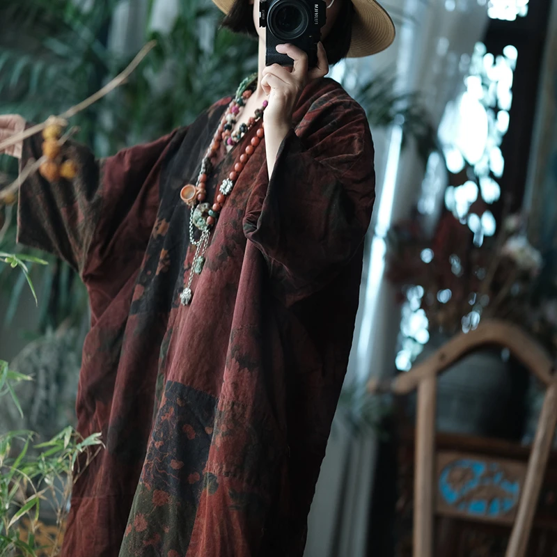 Abito caldo spesso da donna oversize Nuovo arrivo 2025 Autunno stile vintage stampa floreale abiti lunghi casual femminili allentati M2025