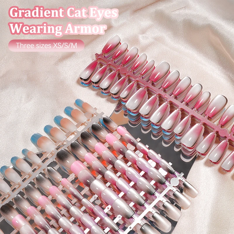 30Pcs Fake Nails French Style Gradient Cat Eyes Press On Full Cover Artificial Three Sizes Available False Nails Nail Enthusias