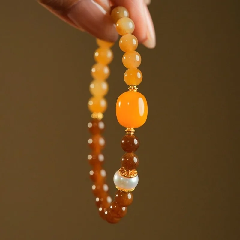 Chicken Fat Yellow Amber and Gold Plated Hetian Jade Treated Fortune Bead Bracelet for Women Daily Wear Good Luck Jewelry Gift
