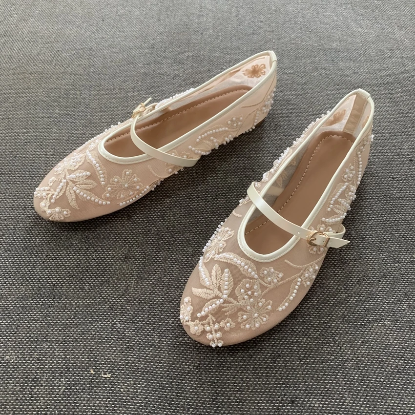 Sapatilhas Femininas com Design de Flores Bordadas, Pérolas e Tira de Malha com Fivela Redonda, Estilo Loafer, Mary Jane e Mule