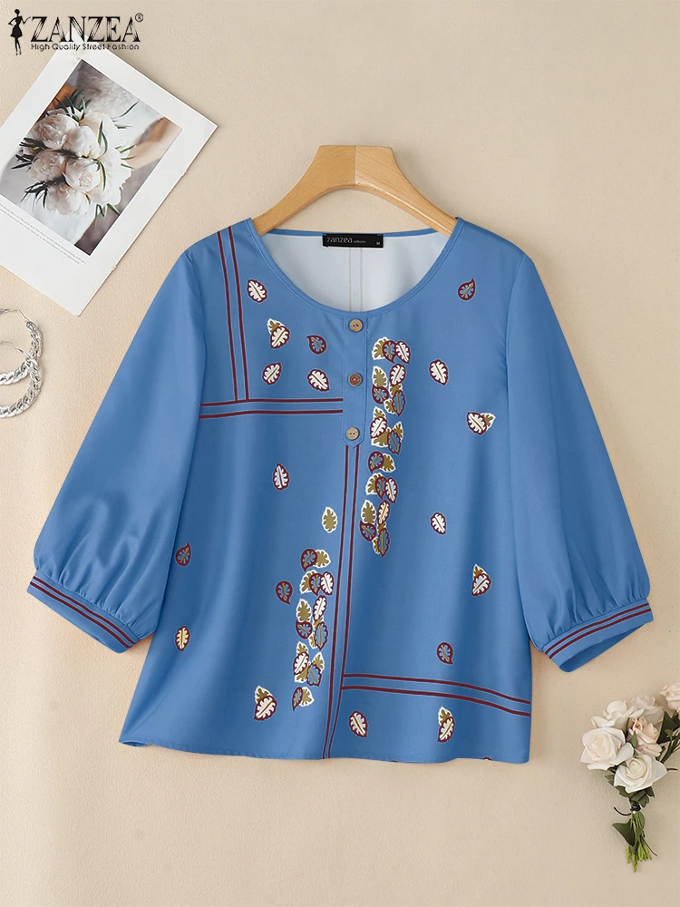 ZANZEA Vintage Women Printed Blouse 2025 Autumn Puff Sleeve Shirts Casual Tunic Tops Fashion O-Neck Loose Oversized Clothing