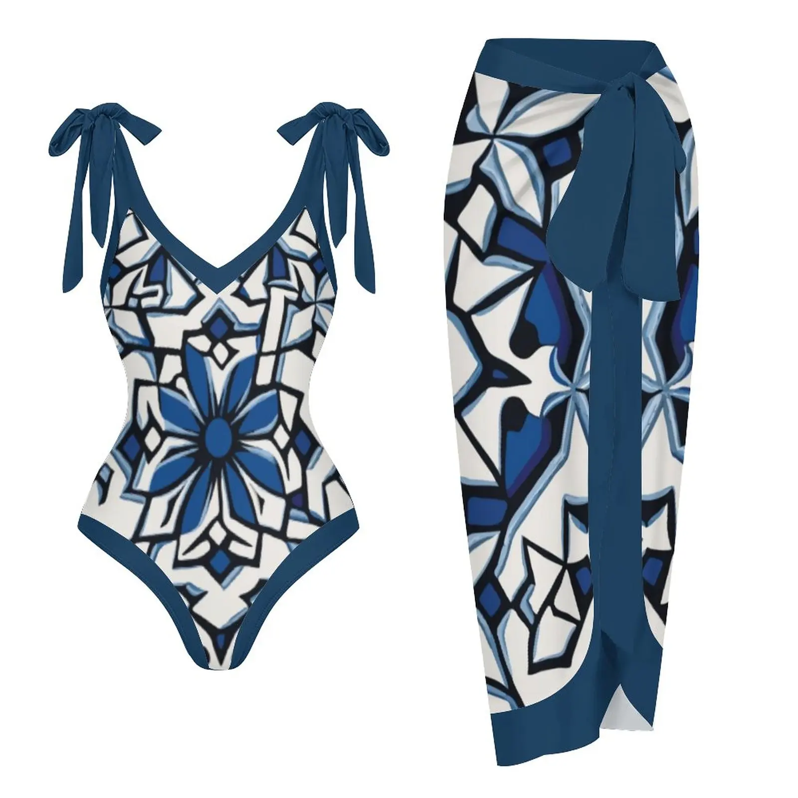 Vintage Blue Abstraction Print 2PC Triangle Micro Bikinis Sexy Swimsuit Swimwear Women With Cover Up Summer Beach 2023 Luxury