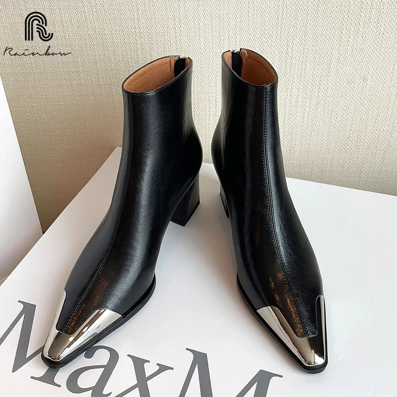 RAINBOW 34-39 Women Genuine Leather Ankle Boots Chunky High heel Pointed toe Shoes Autumn Black Winter Boots Sexy Rear zipper