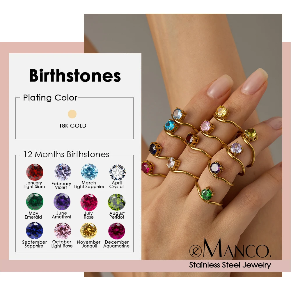 

eManco Fashion Bling Colorful Cubic Zirconia Thin Women's Ring Waterproof Stainless Steel Trendy Exquisite Finger Jewelry