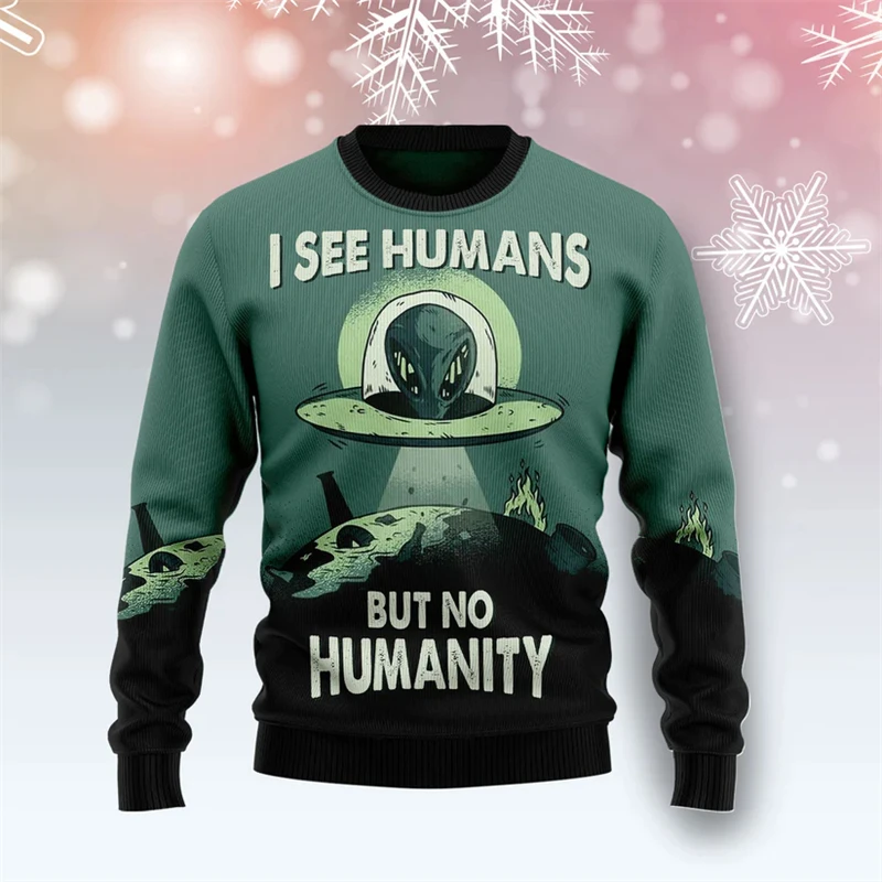 Funny Alien Graphic Ugly Christmas Sweater For Men Fashion Streetwear 3D Printed Xmas Sweatshirts Cool Oversized Pullovers Tops