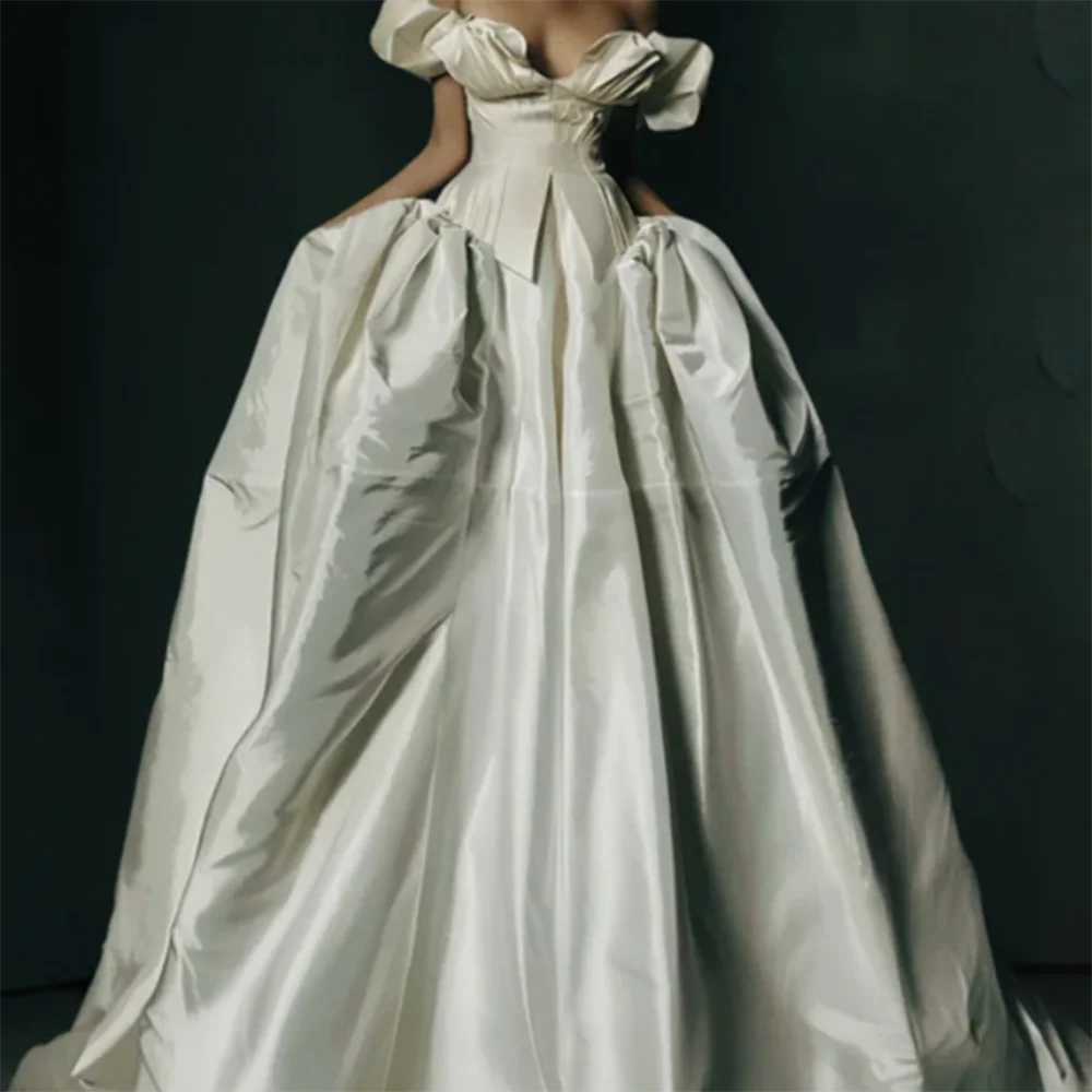 

Elegant Off Shoulder Satin Sleeveless Pleat A-Line Bride Wedding Dresses Bridal Gowns Customized