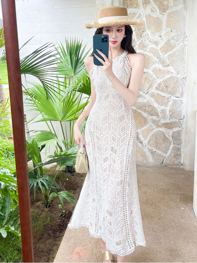 Sukienka damska z koronki, ażurowa, w kształcie litery A, z dekoltem typu O, bez rękawów, z wysokim stanem, elegancka, nowa odzież damska.