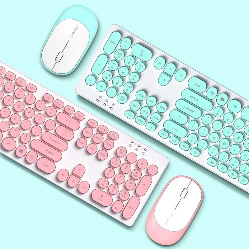 T-Wolf Tf770 Nice Wireless Keyboard And Mouse Combo Macaron Chocolate Round Keycap Usb For Office Business Home Office Daily Use