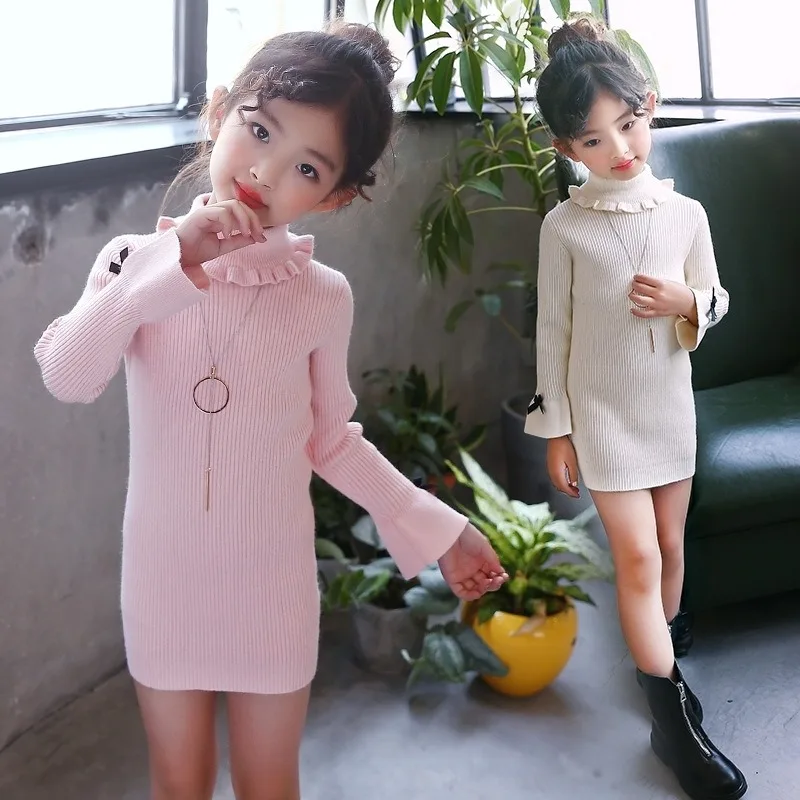 

2025 New Girls Solid Color Lace Trim Turtleneck Sweater Autumn Winter Kids Long Sleeve Mid Length Knit Top Warm Underlayer Wear