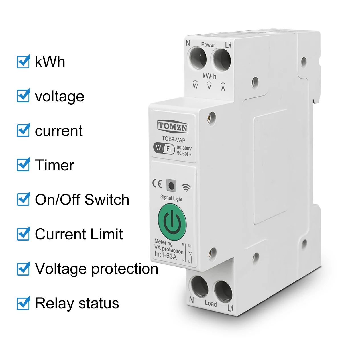 TOB9-VAP 63A 1P+N WIFI Smart Switch Energy Meter Kwh Metering Monitoring Circuit Breaker Timer Relay MCB TUYA smartlife  TOMZN