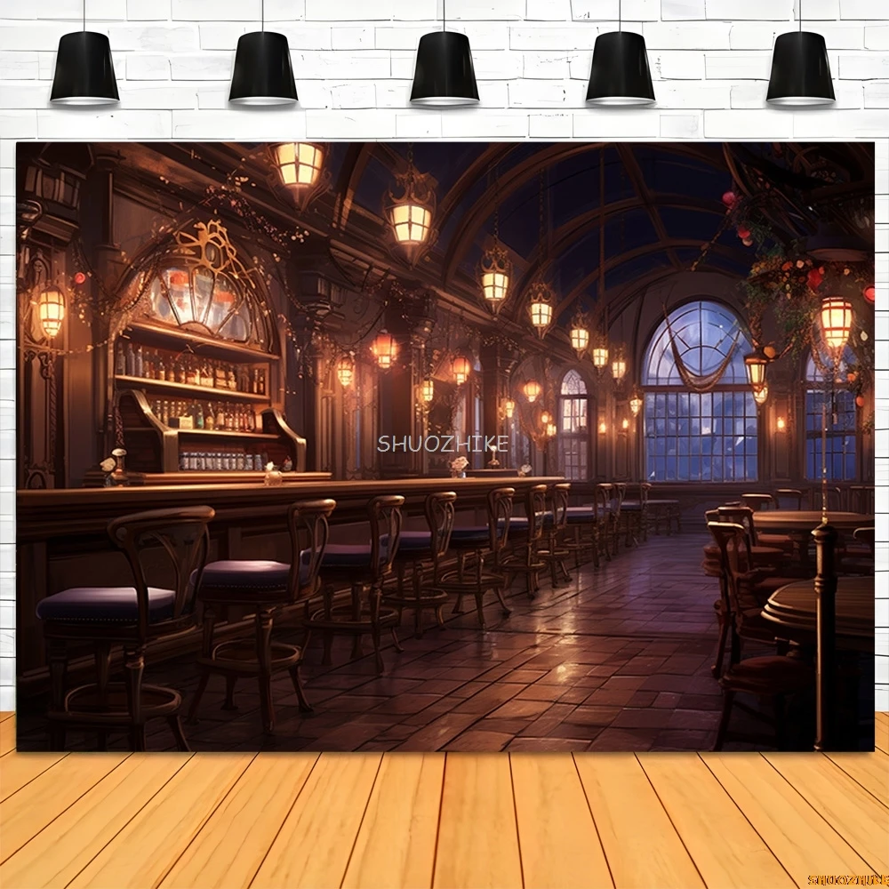 Antique library Old Tavern Barista Coffee Shop Bar Photography Backdrop Warm Medieval Inn Fantasy Photo Studio Background JG-03