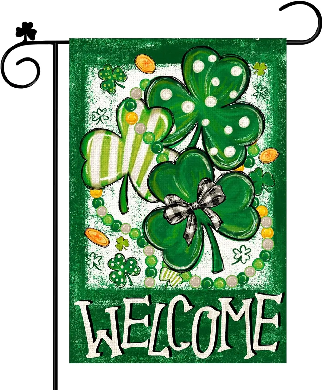 St Patricks Day Shamrock Garden Flag Double Sided, Stripes Polka Dot Trefoil Welcome Burlap Garden Flag for Outside Holiday  EEZ