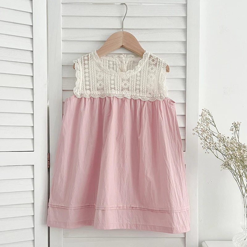 1-6Yrs Girls Pink Dress Summer New Children Clothing Fashionable Girls Lace Collar Sweet Sleeveless Casual Dress Korean Style