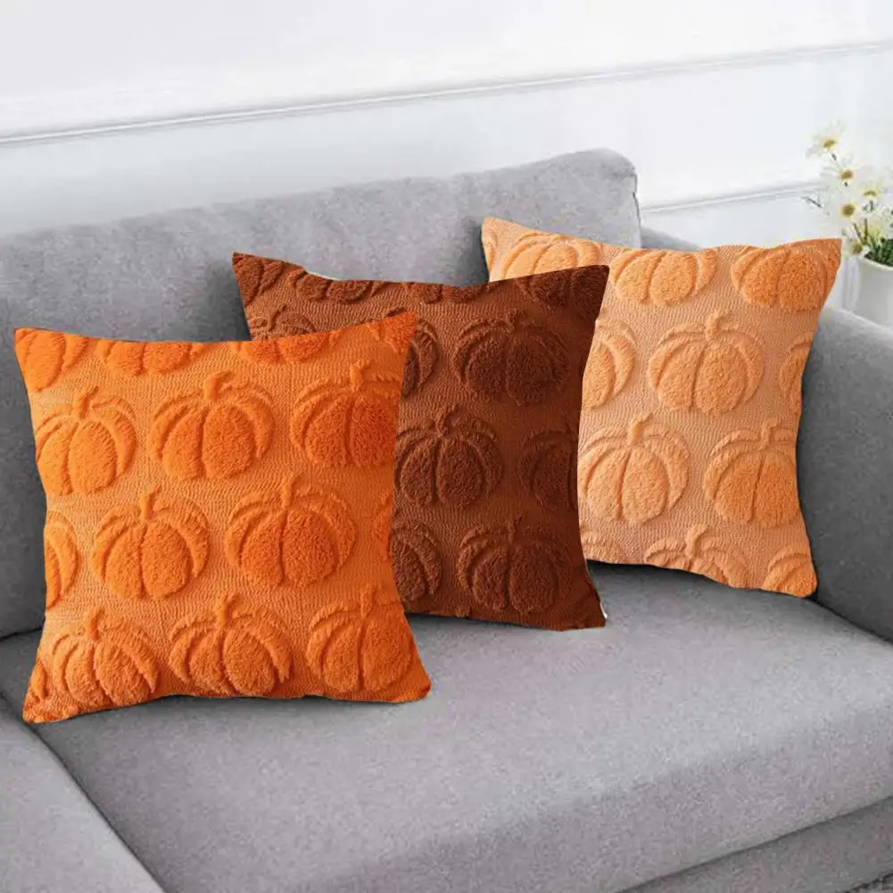 Home Decor Accent Piece 3d Pumpkin Pattern Halloween Pillowcase Set for Farmhouse Style Decor Faux Fur Texture for Seasonal