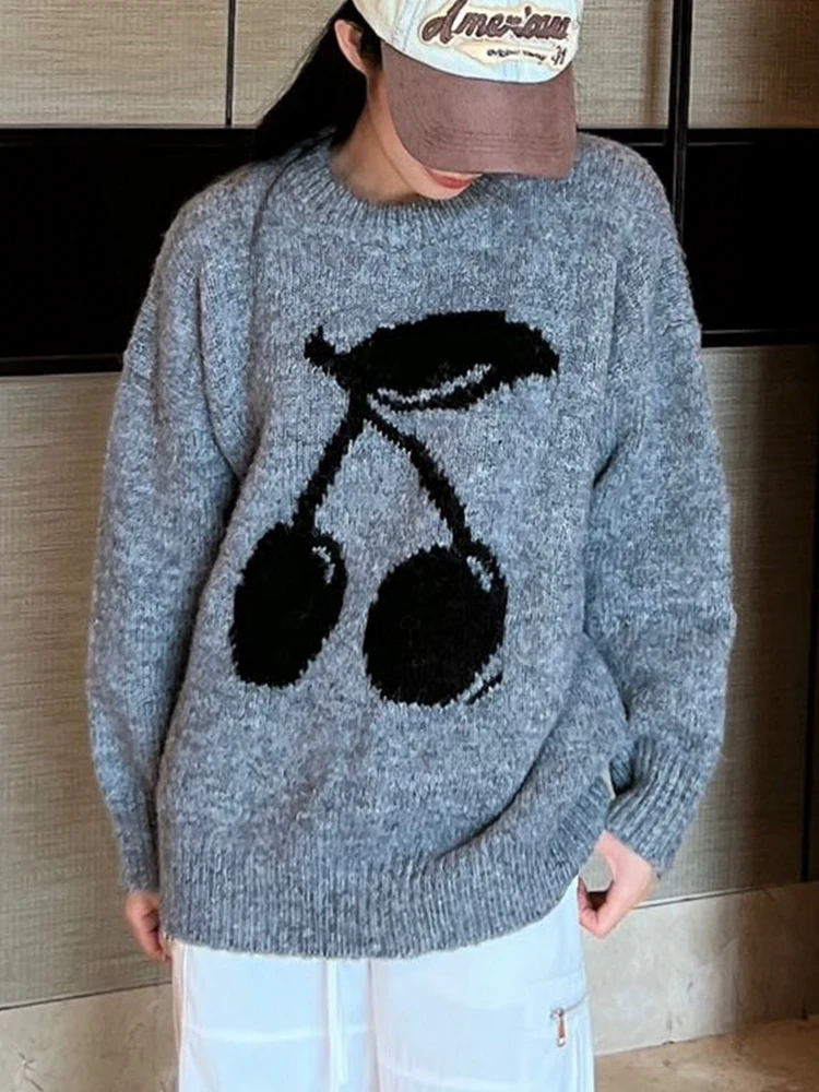 

Женский утолщенный свитер вишневого вязания, свободный свитер с круглым вырезом, ленивый стиль, топ, дизайн, осенне-зимняя мода