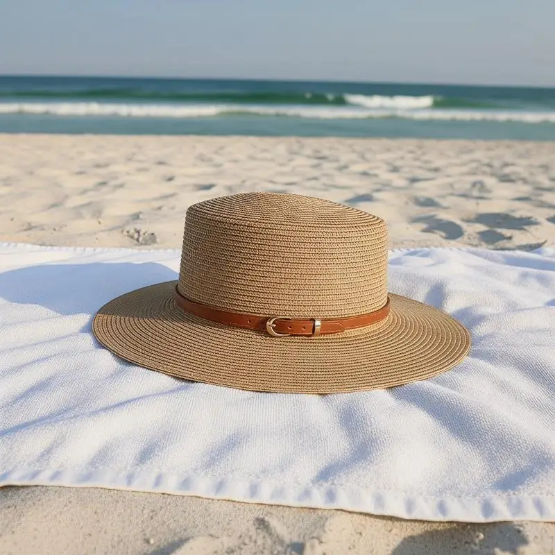 Stroh-Boater-Sonnenhut mit UV-Schutz und verstellbarem Lederriemen für Sommer, Strandurlaub und Outdoor-Reisen – Detail 10