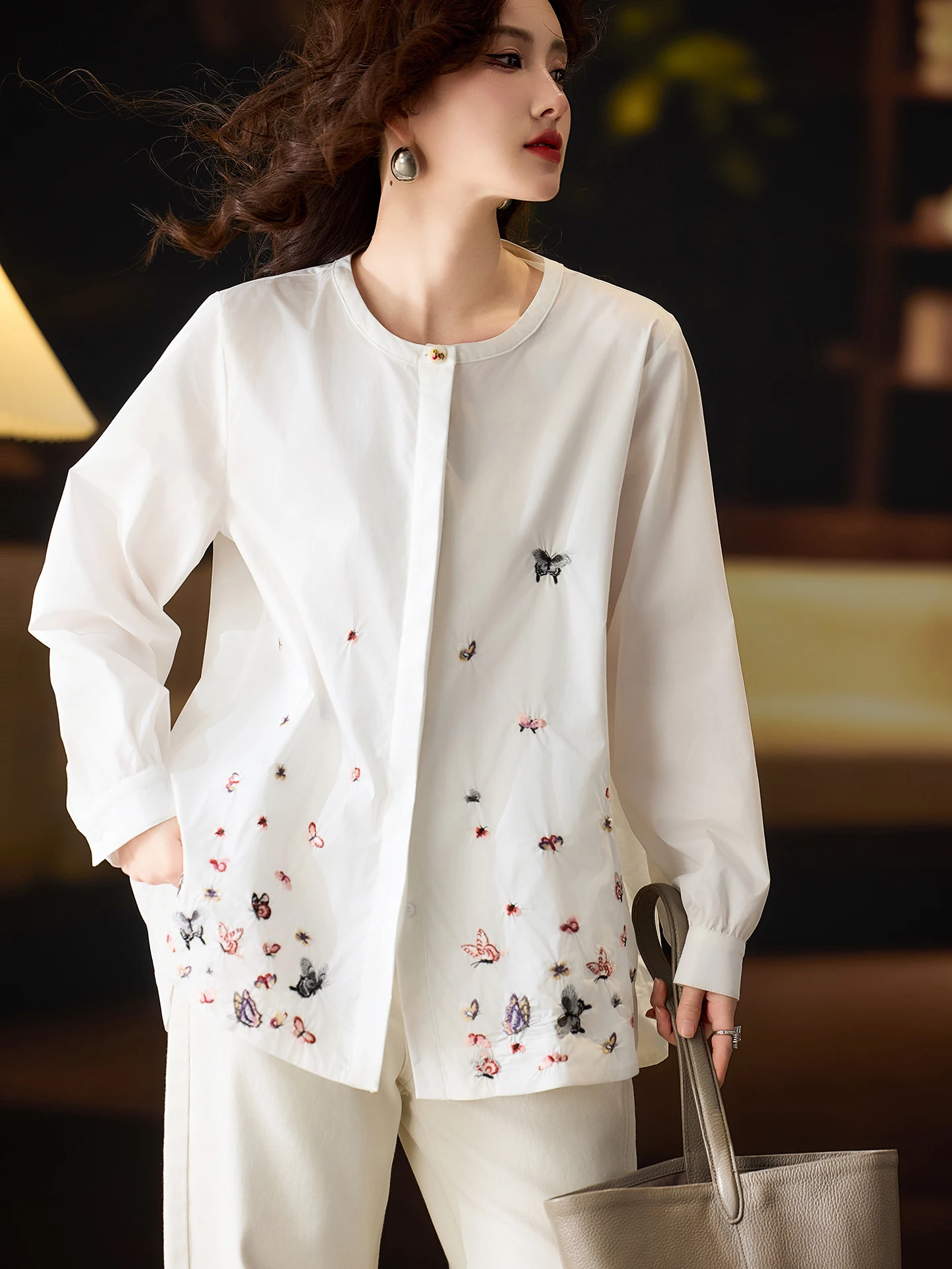 

Ele round Ne Embroidered Long Sve Women's irt Spring 2026 New Sle plus Size European Cotton Blend Comfortable Br...