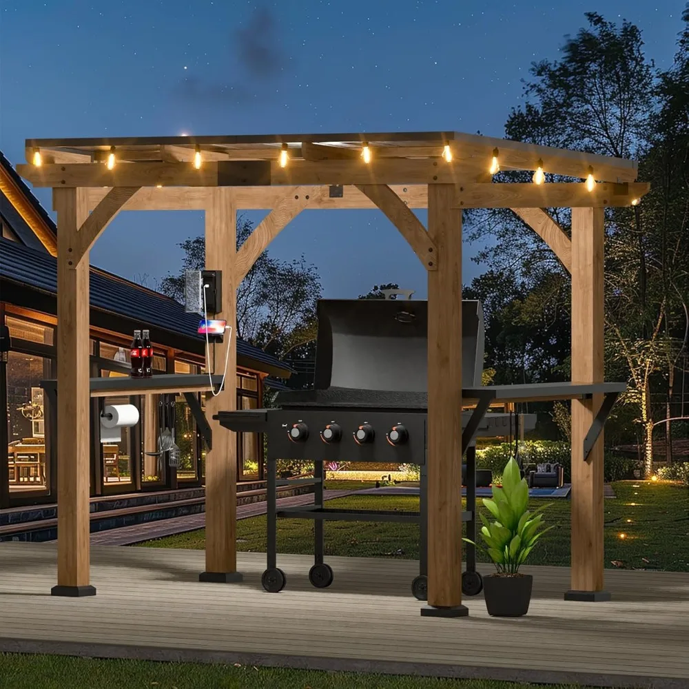 Modern Shade Grill Gazebo 6' X 8', Cedar Wood Gazebo with Shelves and Paper Towel Holder, Patio Gazebo with Galvanized Steel