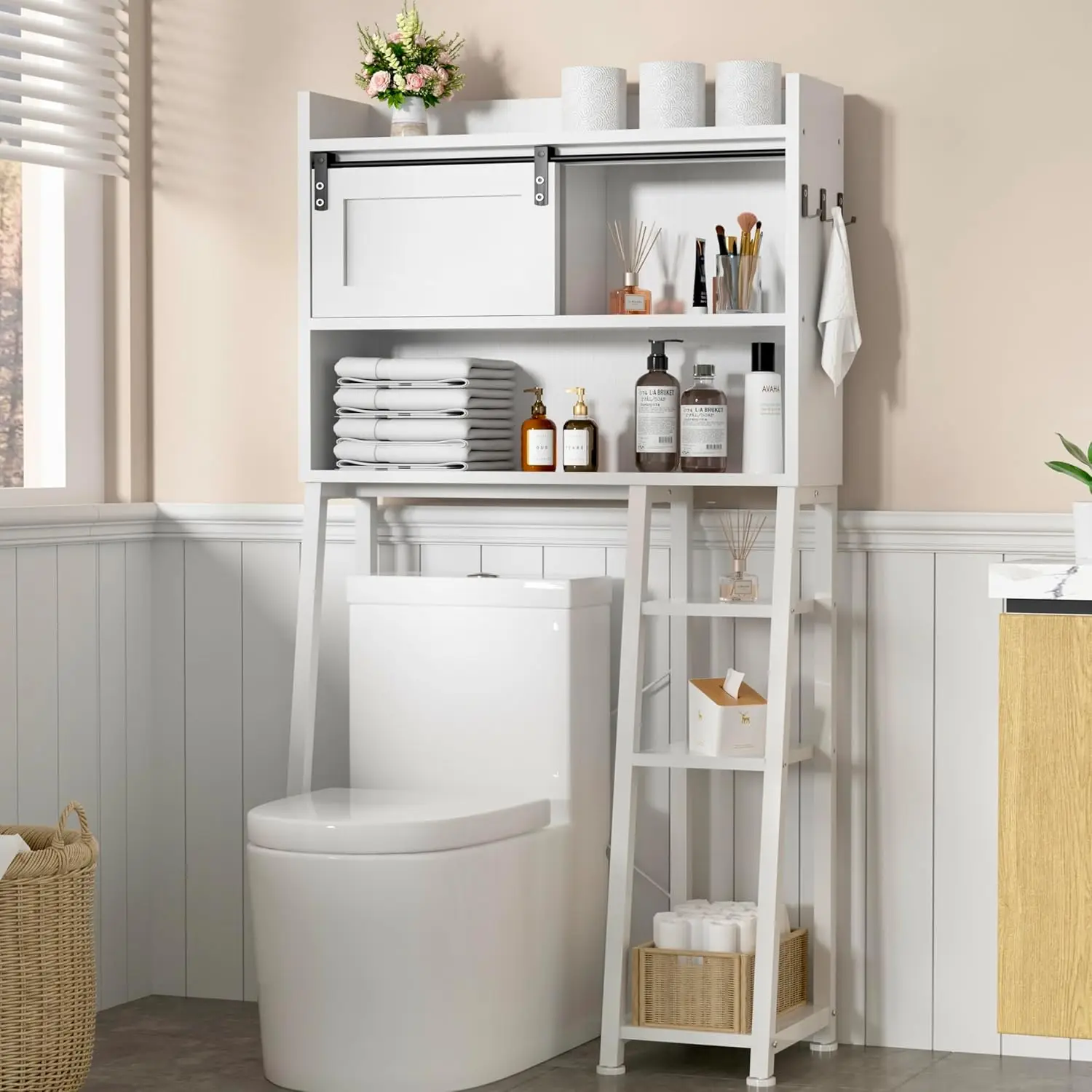 

Over The Toilet Storage Cabinet with Sliding Door, 32.5" W Free Standing Toilet Shelf Space Saver with 3 Side Hooks & An