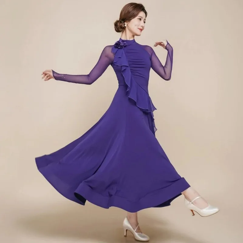 

Ballroom Dance New dress Purple Waltz Competition Black Ruffled Women's Performance Practice Women's Elegant Slimming Mesh Dress