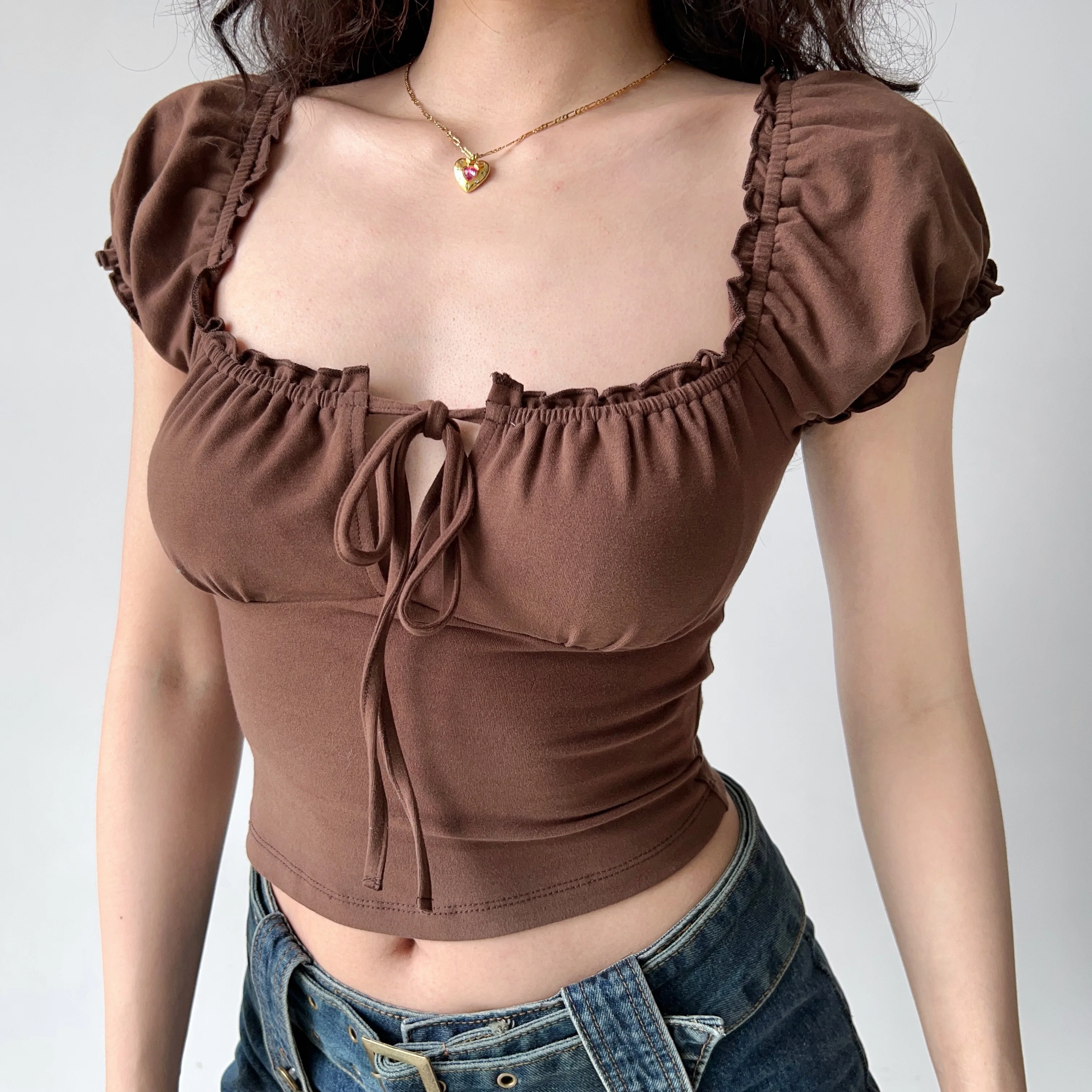 Homemade European and American style hollow lace-up square neck bubble sleeve short-sleeved T-shirt women's slim short top