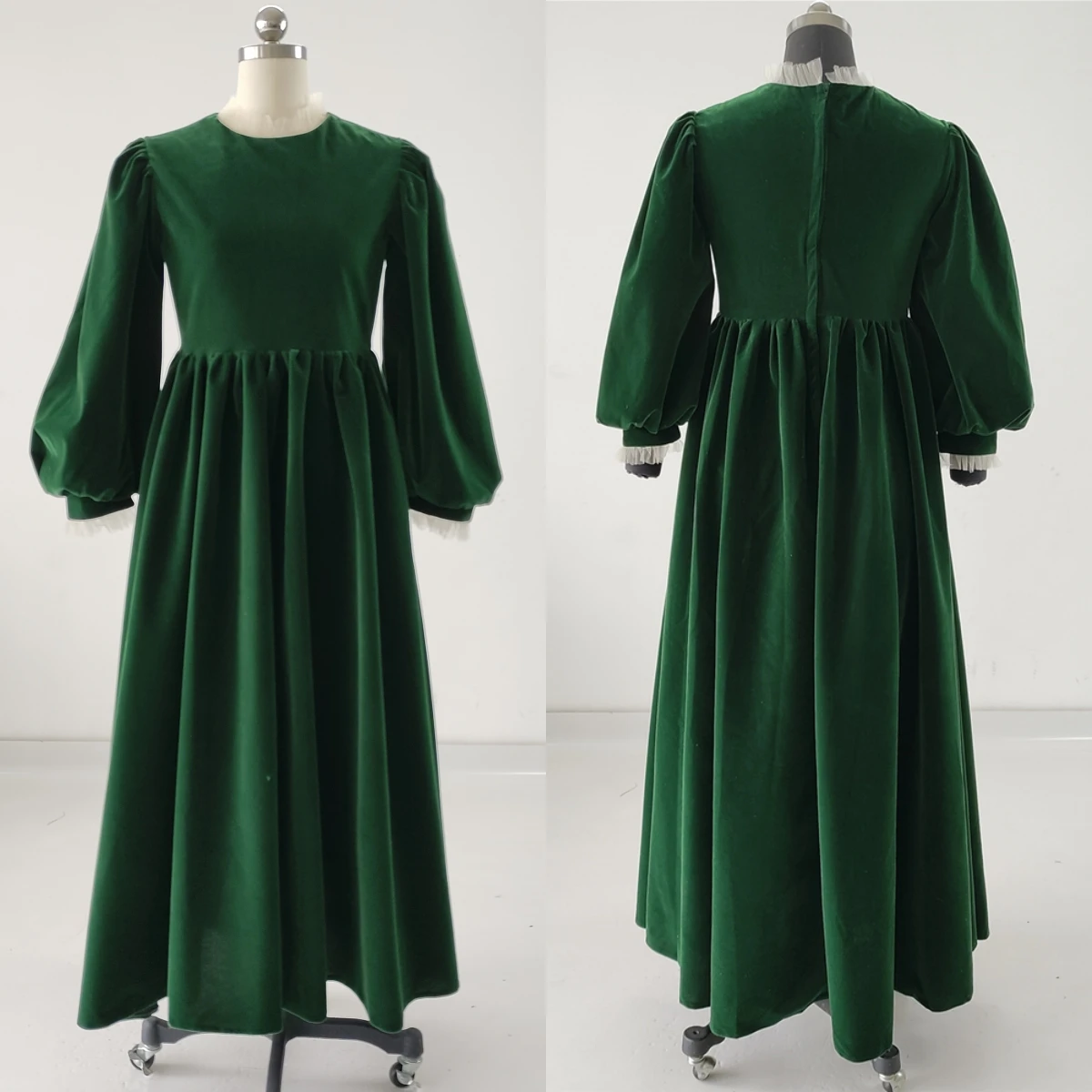 

Скромное вечернее платье с настоящими фотографиями по индивидуальному заказу, зеленое бархатное вечернее платье с оборками и круглым вырезом, длинными рукавами, трапециевидной формы, длиной до пола, вечернее платье больших размеров