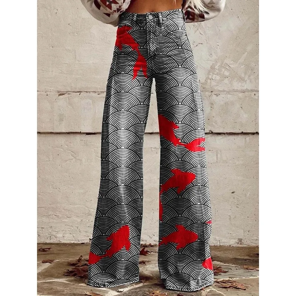 Retro Japanische Kunst-Print Weite Hose 100% Baumwolle Lässige Loose-Fit Palazzo-Hose mit Taschen Damen Sexy Hochtaillierte Hose – Detail 2