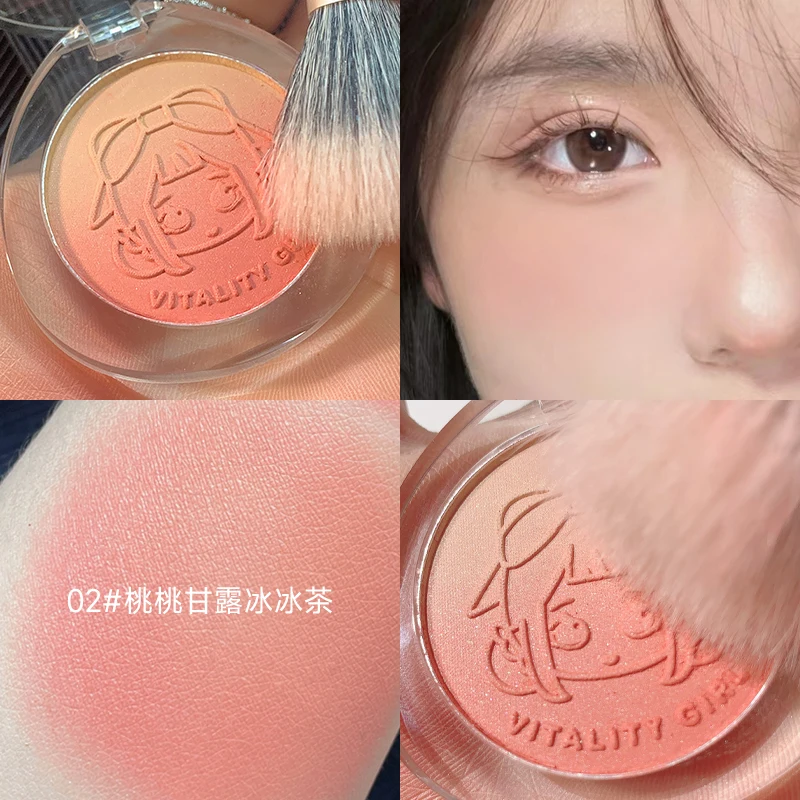 Blush em pó com duplo gradiente, realçando o efeito de maquiagem nude natural, iluminando as bochechas, mostrando uma beleza radiante.