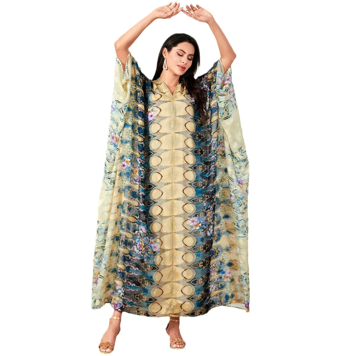 الشرق الأوسط حجم كبير المرأة طويلة Dr V-ne طباعة Batwing Sve عبر الحدود فستان الربيع الصيف Faionable #5