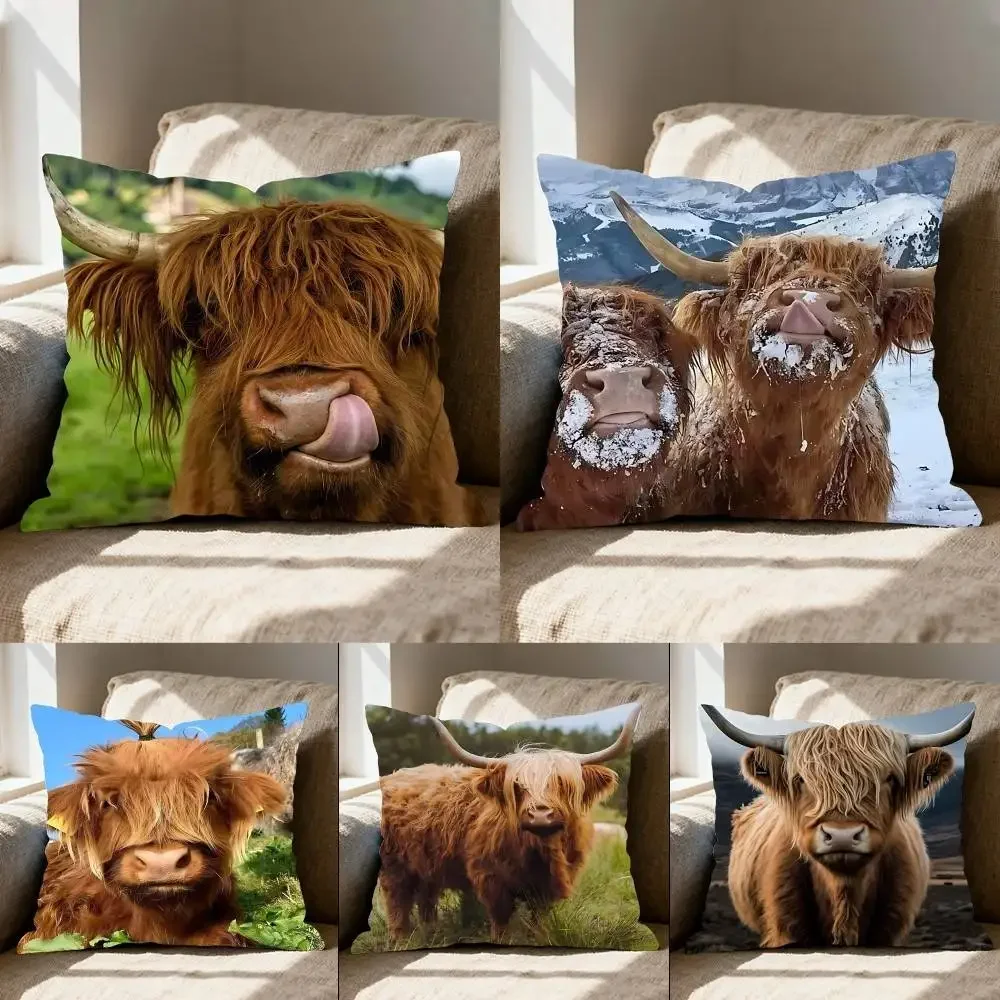 Scottish Highland Cat Cow Pillow Case Elegant Couple Home Living Room Bedroom Decorative Rectangle Pillowcase Sofa Cushion Cover