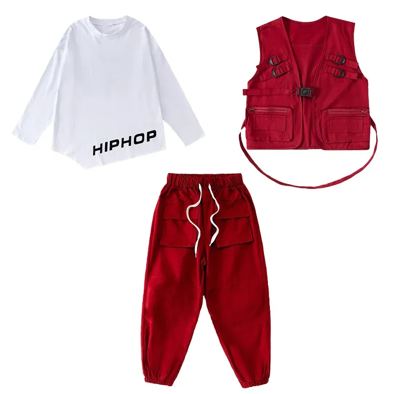 Red Series Hip Hop Dance Costume For Kids Jazz Performance Clothes Girls Kpop Outfit Boys Street Dance Drum Stage Wear BL10109