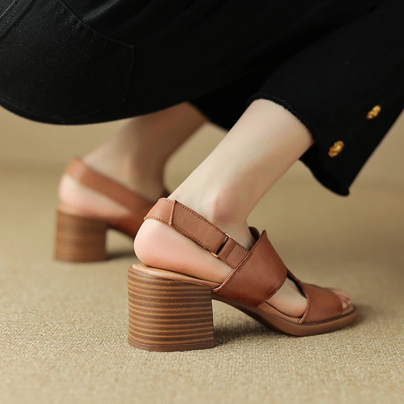 Genuine Leather Women Sandals Open Toe Chunky Heel Women Shoes Sheepskin High Heels Leather Shoes for Women Designer Sandals