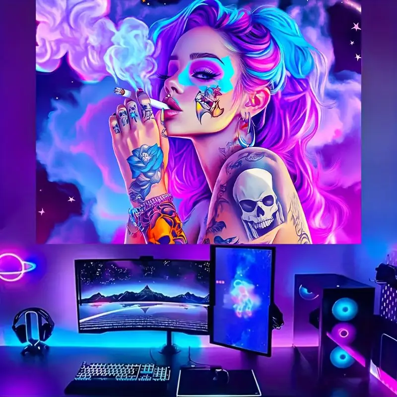 VIKAMA Neon Tattooed Woman Tapestry Pink Purple Smoking Skull Indie Girl Wall Hanging Gothic Aesthetic Room Decor Poster