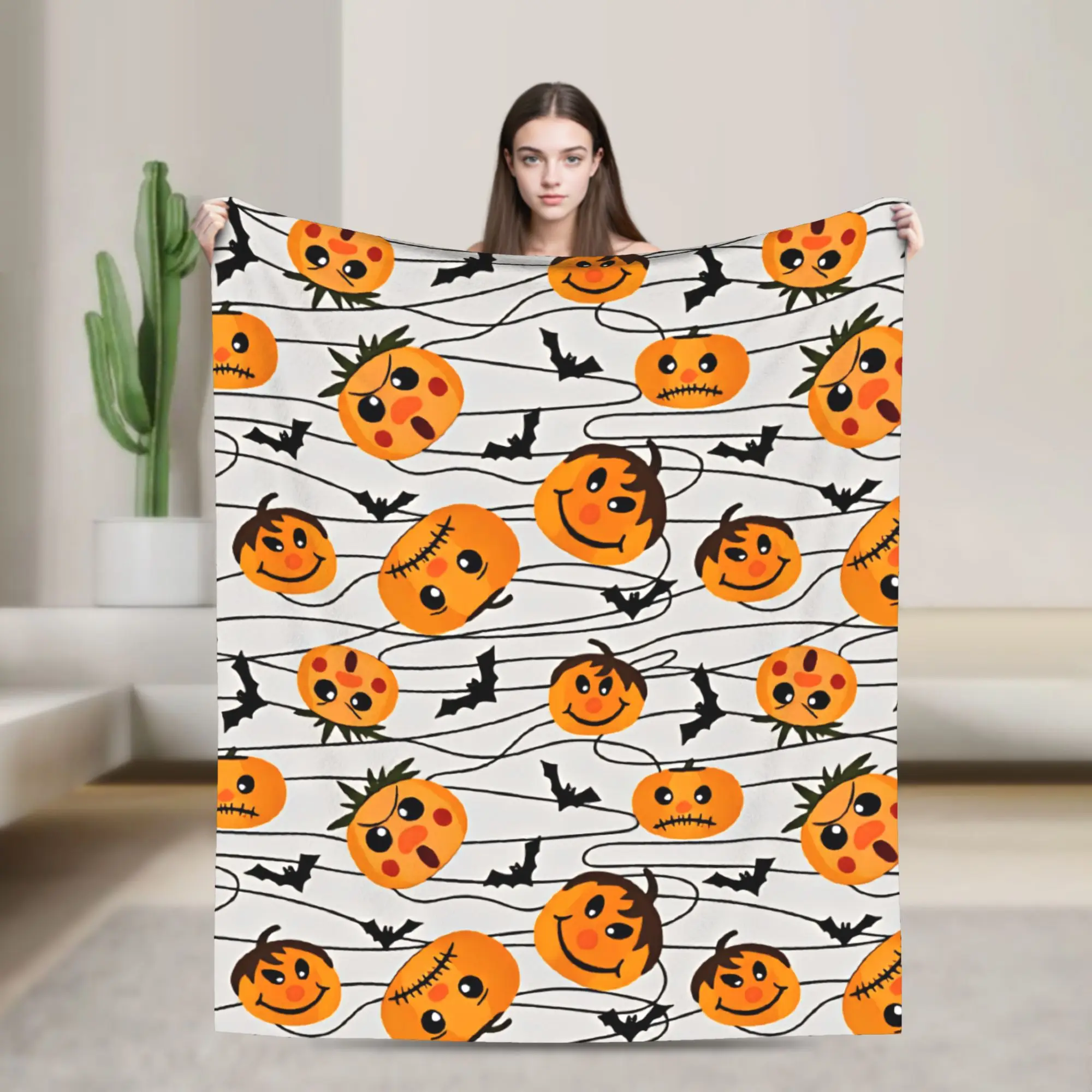 Cartoon Halloween Pumpkin Bat Seamless Pattern Blanket Girls  Flannel Throw Blanket For Sofa Home Comfortable Quality Bedspread