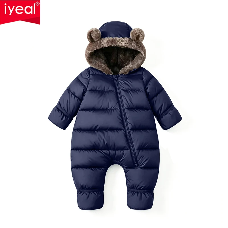 IYEAL Baby Bear Ear Hooded Snowsuit, Fleece Lined Footed Padded Romper, Zipper Thick Warm Infant One Piece Winter Jumpsuit