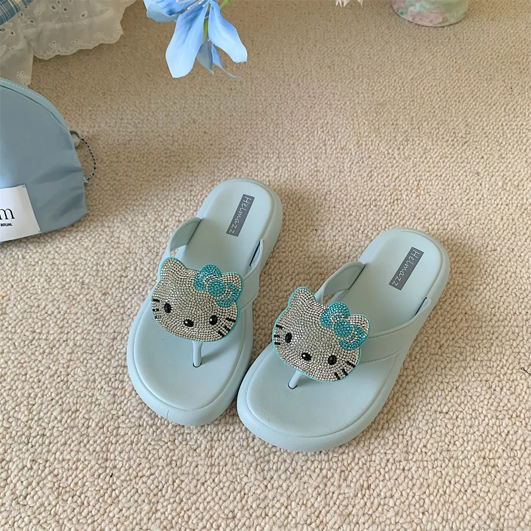 

Шлепанцы Y2K Bling Hello Kitty с кристаллами, кавайные сандалии-вьетнамки для девочек и женщин, на толстой нескользящей подошве, милые тапочки на платформе