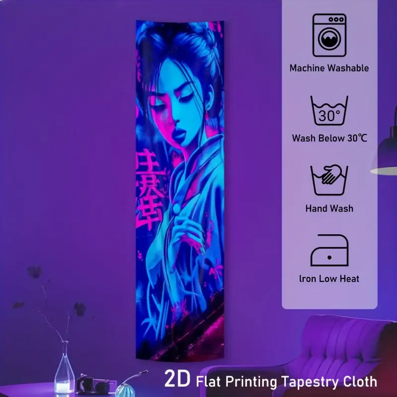 VIKAMA Black Light Japanese Courtesan Lass Neon Azure Rose UV Active Vertical Tapestry Anime Wall Blanket Decor Soft Durable