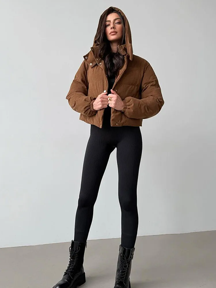 2024 Women Fashion Brown Single Breasted Suede Down Coat Elegant Stand Collar Hoodie Cropped Jacket Winter Lady Warm Outwear