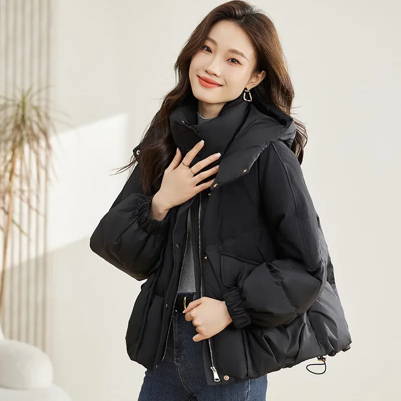 Casaco grosso solto de algodão feminino, jaqueta quente com capuz, curto, high-end, moda, inverno, 2024