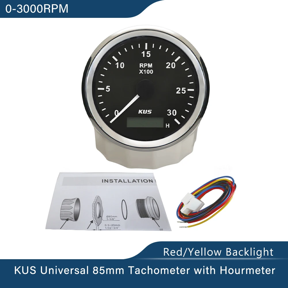 KUS 85mm contagiri RPM Gauge con contaore 0-3000 RPM 0-4000 RPM 0-6000 RPM 0-8000 RPM 12V/24V con retroilluminazione per auto barca