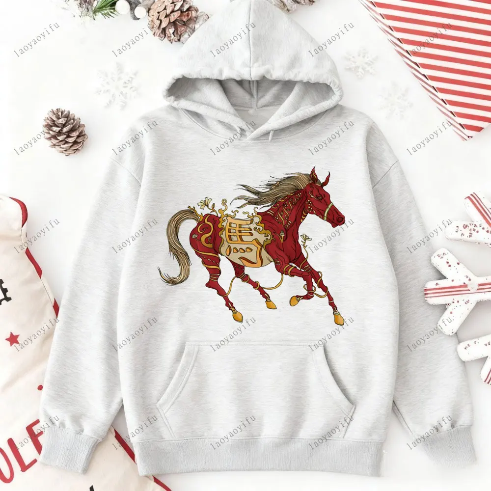 سنة الحصان سنة جديدة سعيدة 2026 السنة الصينية الجديدة الجرافيك هوديي أساسيات هوديي الشارع بلوفر أنيق قطرة الكتف رياضية #1