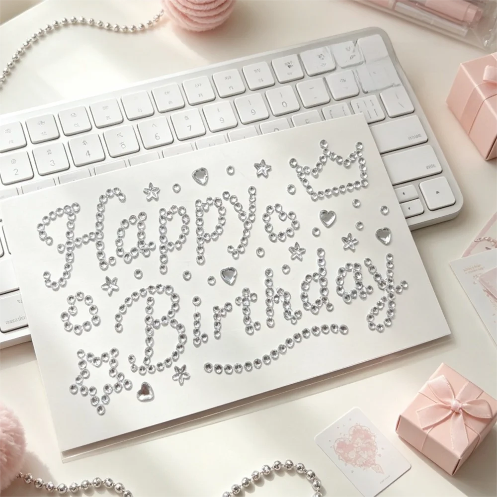 3D Happy Birthday Rhinestone Stickers English Letter Silver Color Gift Wrapping Stickers Love Heart Star Pattern