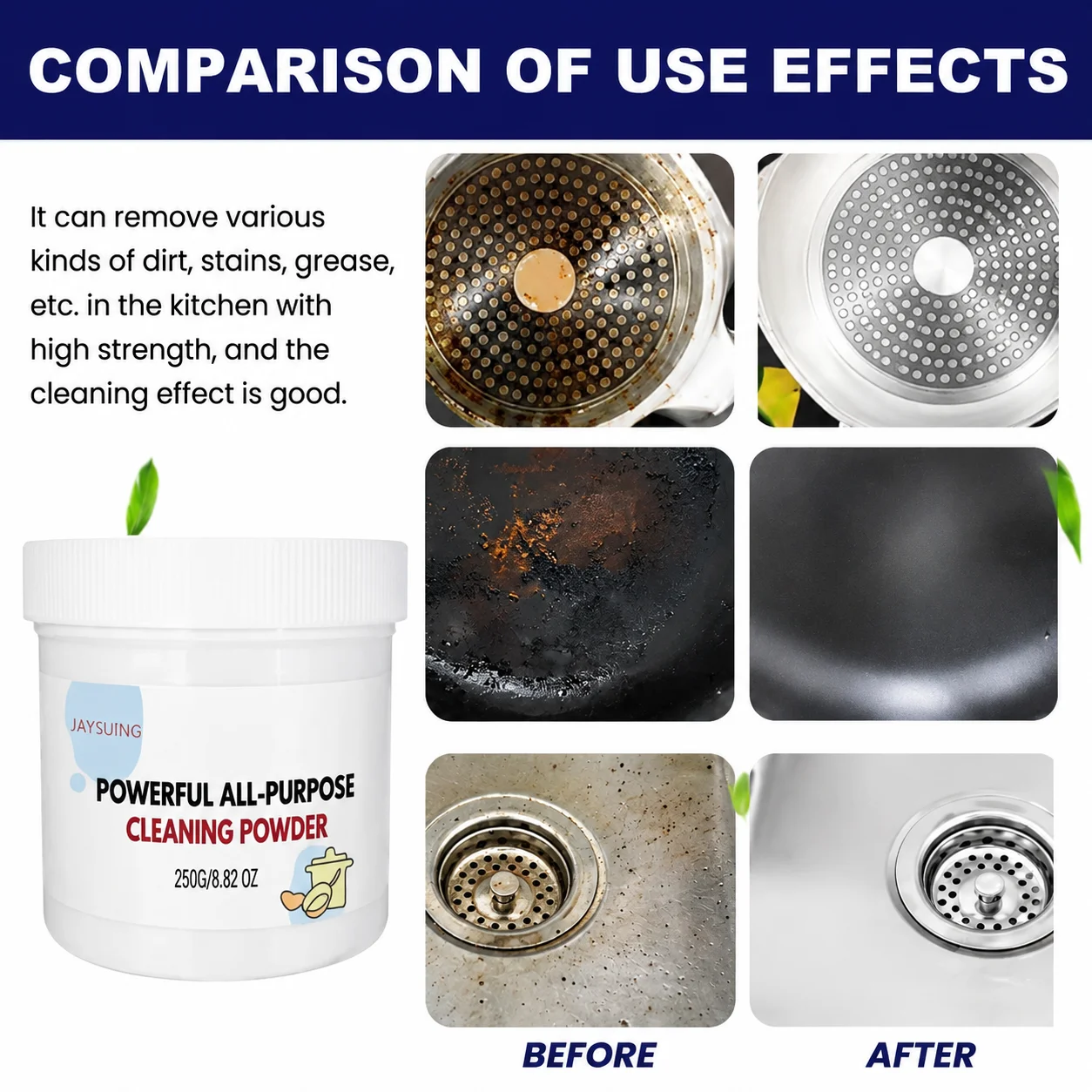 Jaysuing Powerful All-Purpose Cleaning Powder for Kitchen Grease Stain Remover Multi-Surface Cleaner Powder 110g 250g Pots Pans