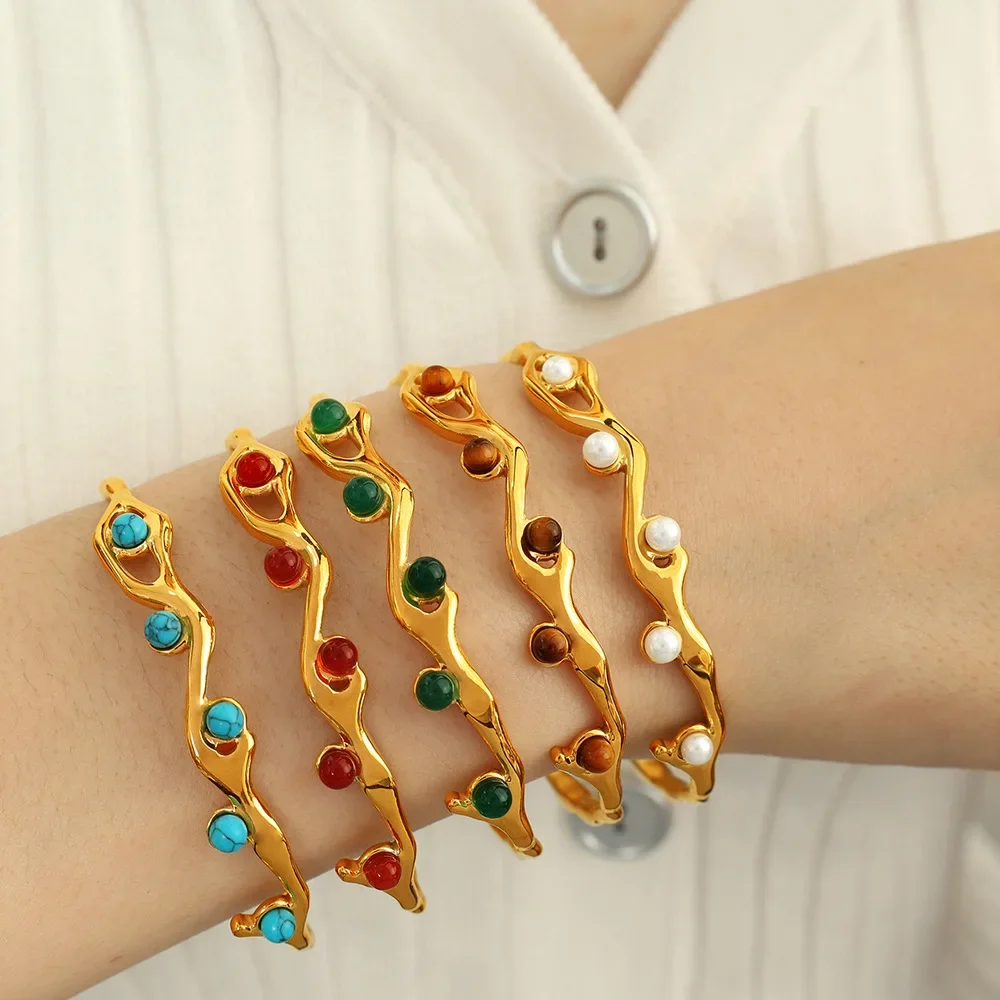 

Винтажный Открытый браслет из хромированного натурального камня C-образной формы, текстурный браслет из нержавеющей стали, Яркий Модный женский браслет