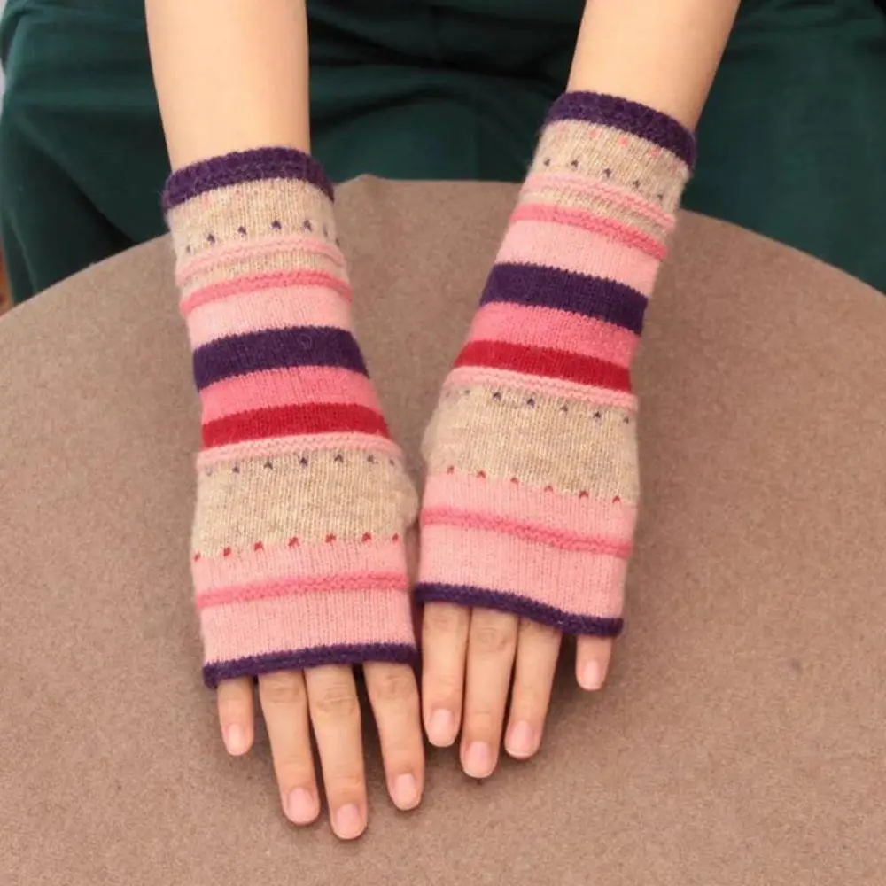 Women Gloves Winter Warm Knitting Arm Sleeve Colorful Stripes Long Fingerless Gloves Working Writting Warm Mitten Student Gloves